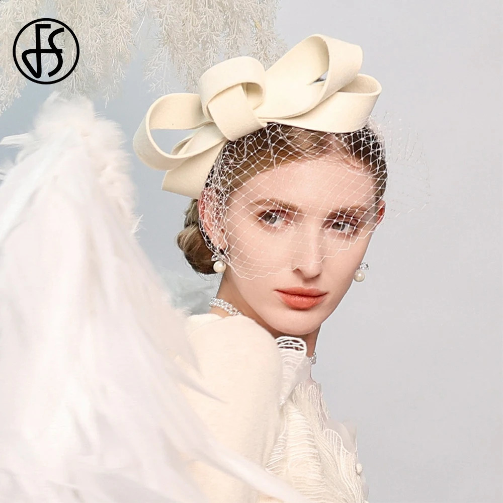 Wool Felt Fascinators White Wedding Hats For Women With Veil Bowknot Cocktail Tea Party Hat Lady Elegant Church Dress Derby Cap 250207