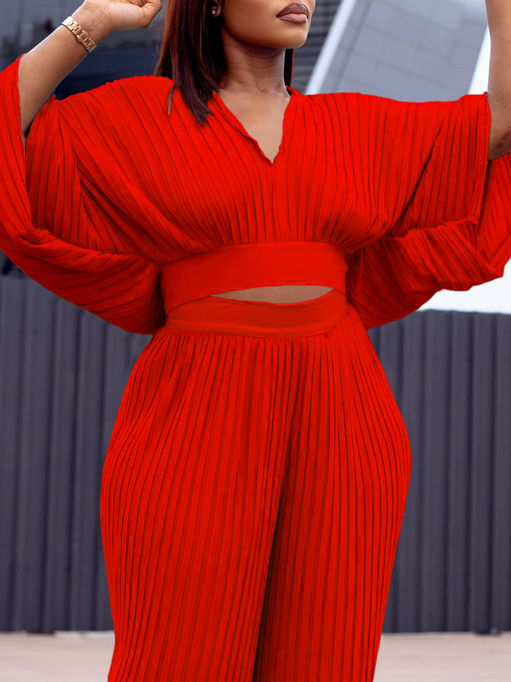 Women's Two Piece Pants Women Elegant Loose Suits Long Sleeve V Neck Crop Top & Wide Leg Pleated Set