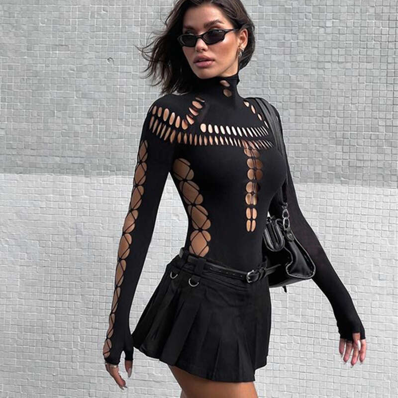 European and American 2025 Spring Hot Girl Hollow out Piercing Spider Web High Collar Slimming jumpuit for Women' Temperament Veratile New Trendy