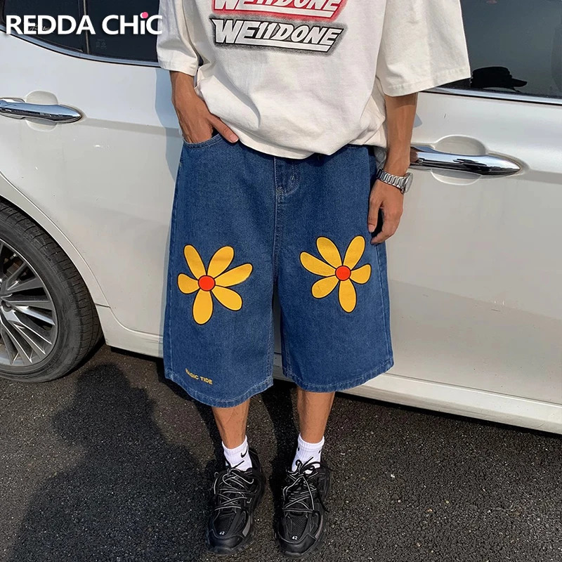 REDDACHIC Men Daisy Print Blue Baggy Jeans Jorts Vintage Wash Low Waist Casual Loose Wide Leg Denim Shorts Y2k Summer Clothes 250120
