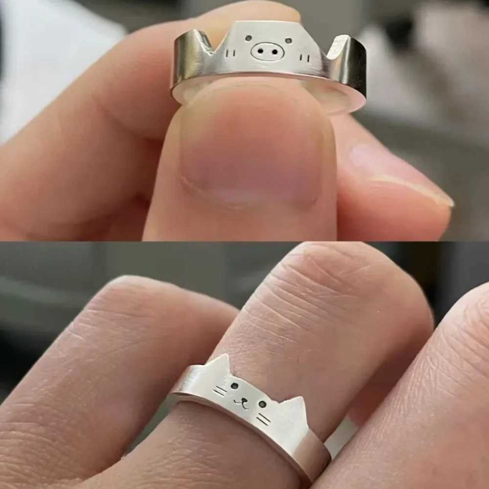 Creative Geometric Animal Couple Ring Dull Polish Cute Dog Cat Opening Ring Jewelry Alloy Valentines Day Gift Women Men W250207