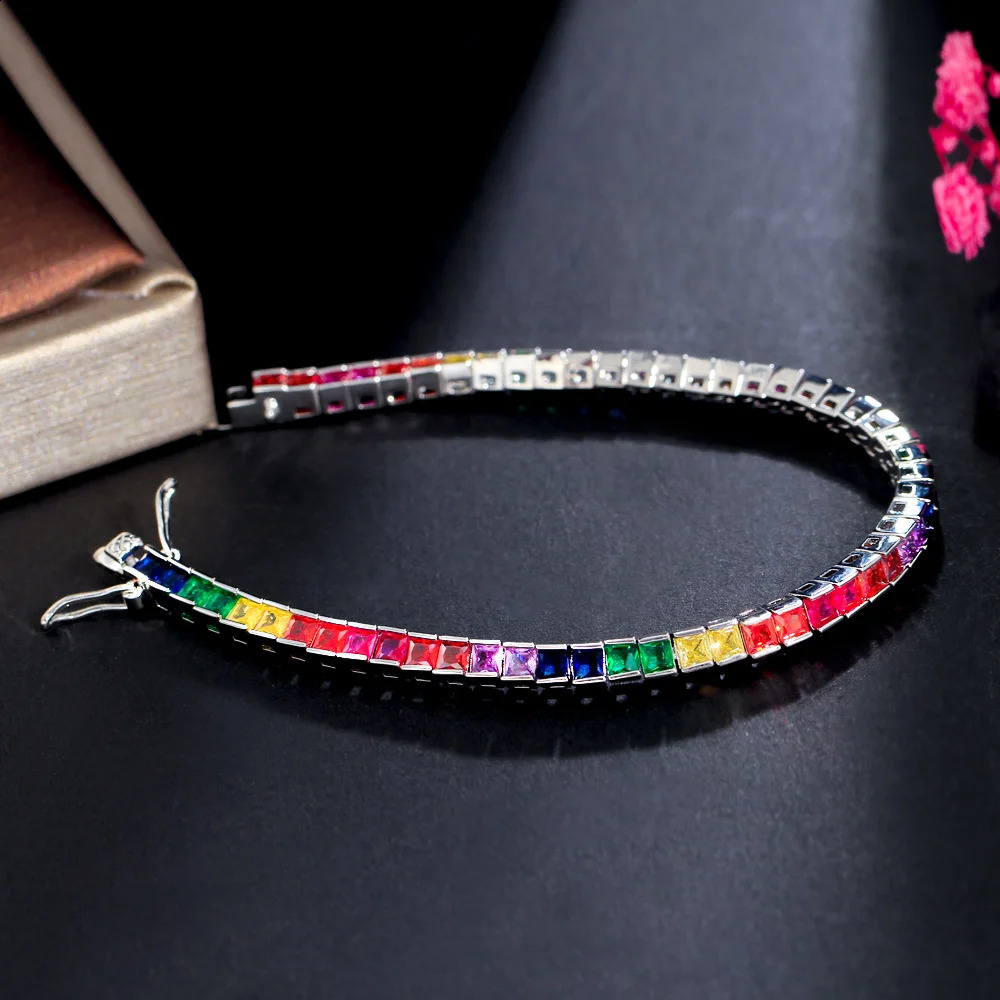 CWWZircons Shiny 5A Cubic Zircon Fine Fashion Rainbow Colorful Iced Out Sqaure CZ Tennis Chain Bracelet for Women CB294 250207