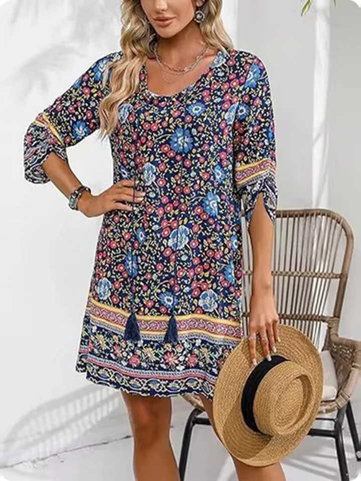 7 Colors Vintage Printed Dress Womens Round Neck Mid Sve Dresses Summer High Street Vacation Mini Dress RobeXJ2500207