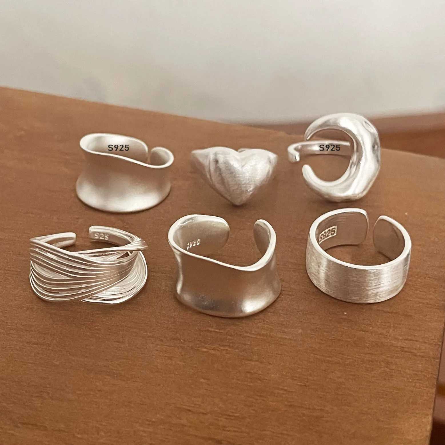925 Sterling Silver Rings for Women Couple Minimalist Handmade Simple Wide Moon Ring Set Party Jewelry Gift Prevent Allergy W250207