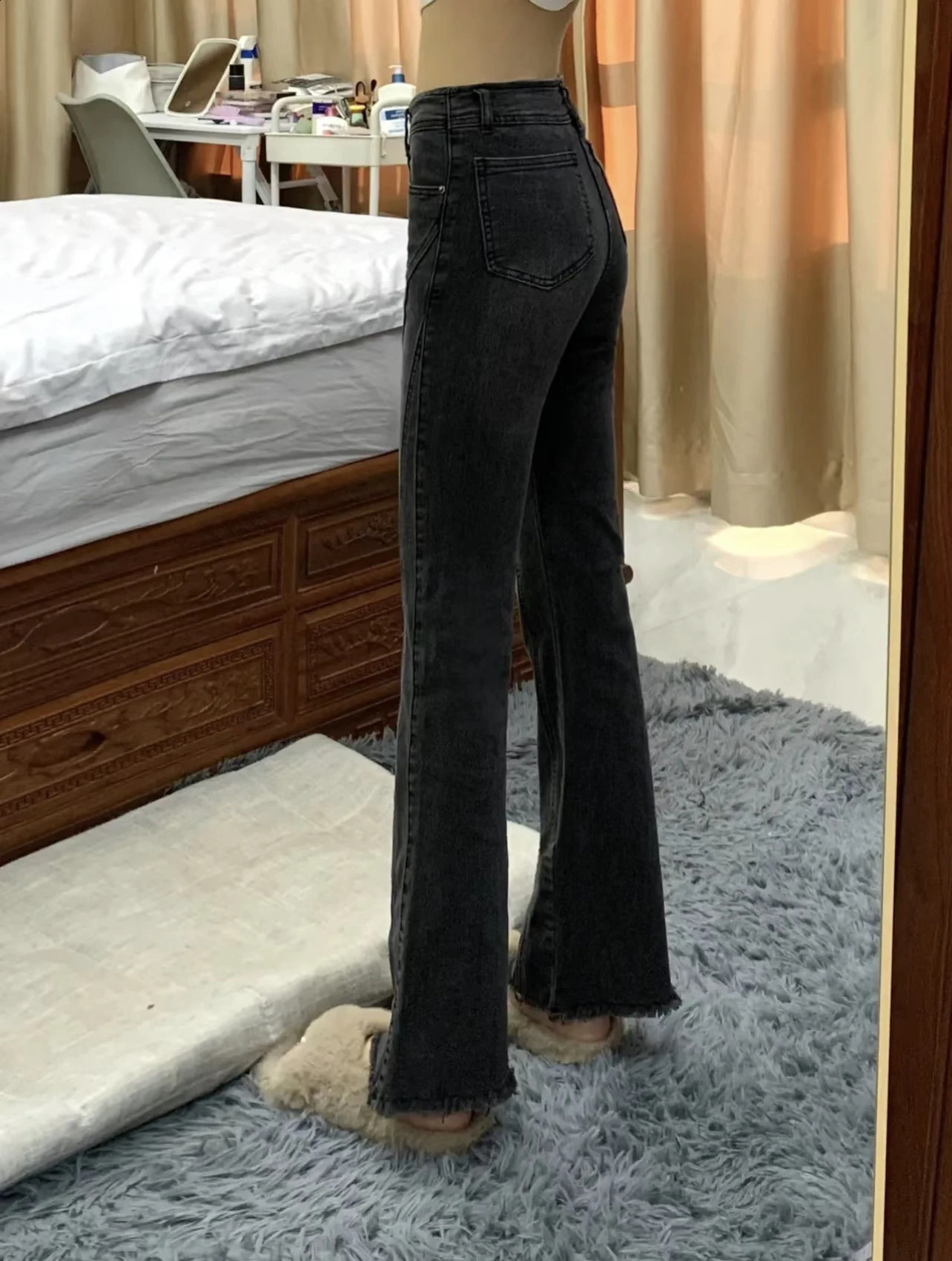 145 Petite girls retro bootcut jeans for women high waist straight slim stretch xs ninepoint flared pants 250206