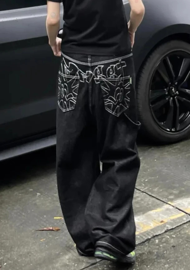 Retro ed Black jeans Y2k Womens Super Street Baggy Loose Jeans Mens Hip Hop Gothic Classic Style Women pants 250206