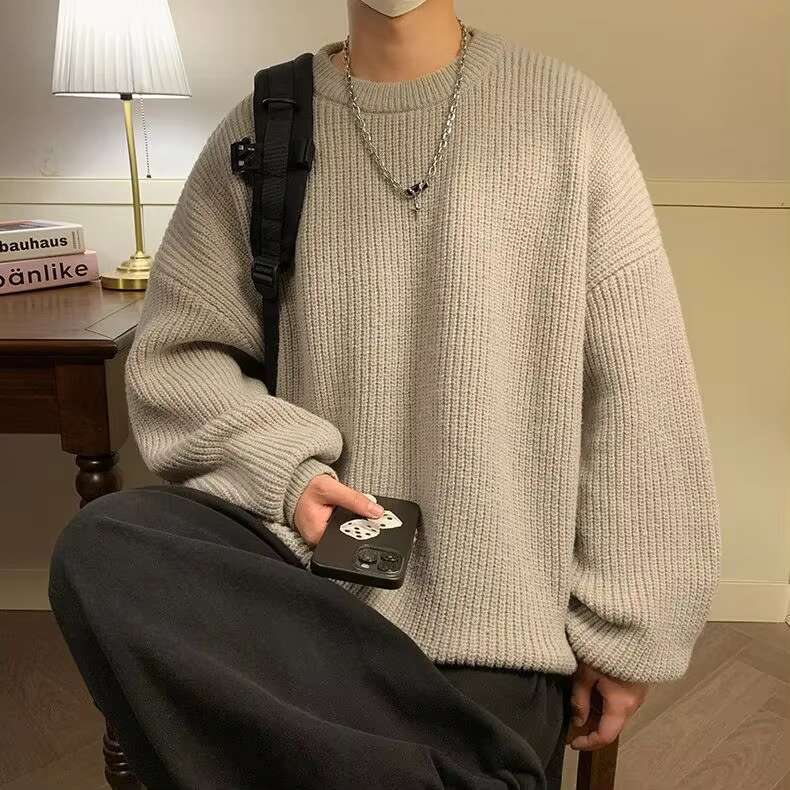Round Collar Pullover Solid Colour Basic Men Women Autumn Winter Parsimonious Simple Couple Knit Sweater Warm Soft