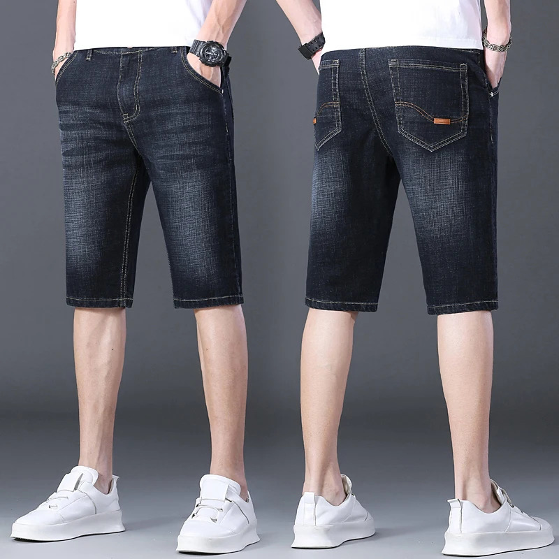 2024 Mens Casual Knee Length Denim Shorts Elastic Straight Cotton Street Jeans Fashion Solid Color 250207