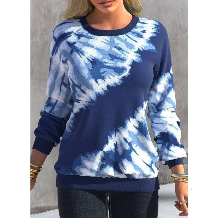 European and American autumn women's tie dye printed top, round neck, shoulder lenth, lon sleeved, casual, wide elastic, 2024 new casual fashion 
