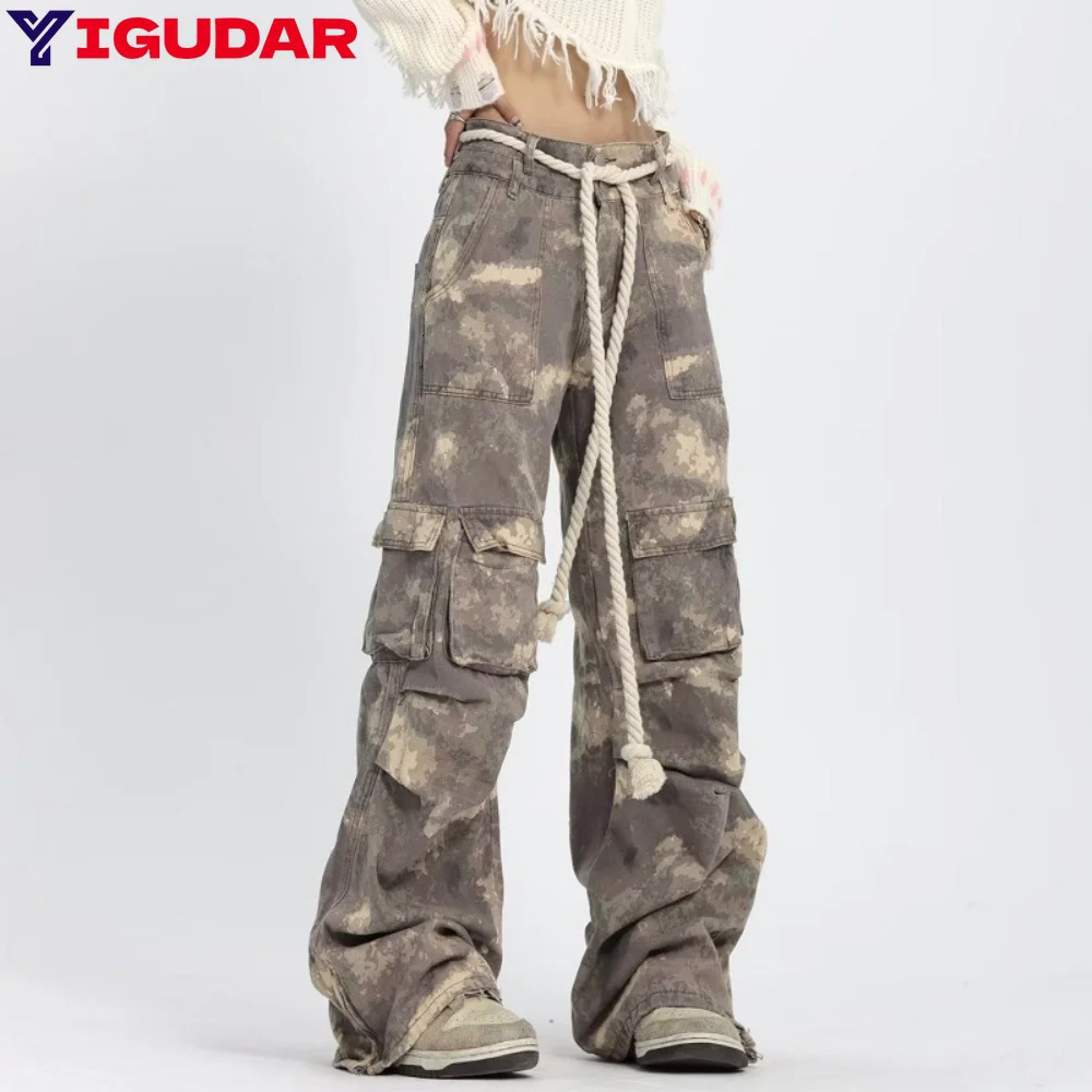 Autumn Camouflage Overalls men Clothing Cotton Drawstring Casual Baggy Pants Loose Wide-Leg Trousers Pantalones y2k homme 250206