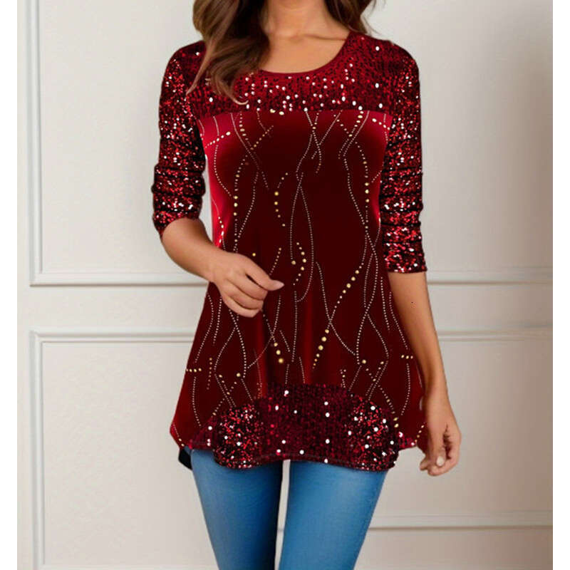 New European American popular women's tops for autumn winter, fashionable printed round neck T-shirt, 2024 new style, chic and elegant clothing