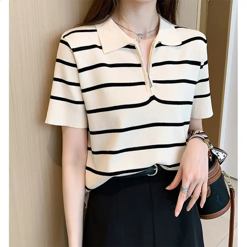 Summer Stripe Korean Fashion Casual Ice Silk Short Sleeved Polo Shirt Simple Temperament Women Lapel Zipper Loose Slim Thin Top 250207