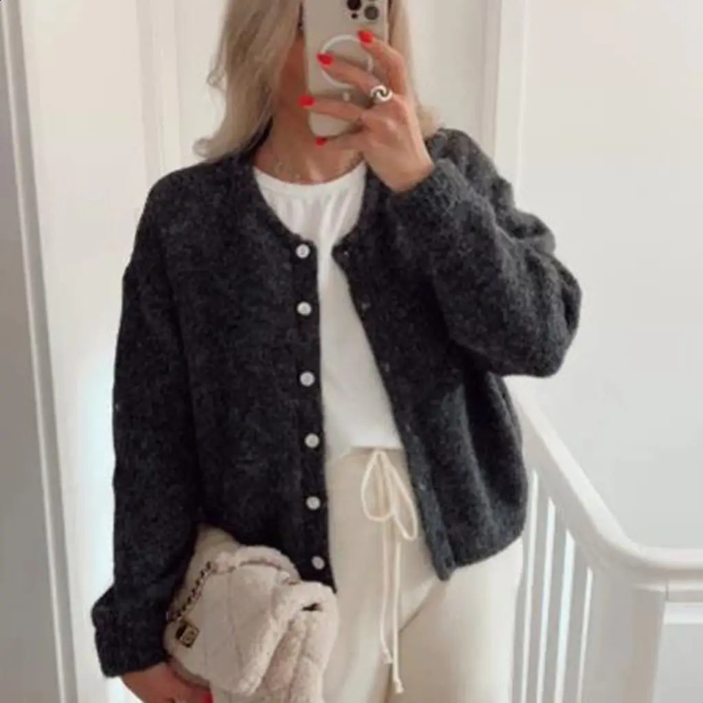 Combhasaki Womens Y2K Vintage Crop Cardigan Solid Color Button Down Crew Neck Long Sleeve Loose Fit Sweater Casual Streetwear 250206