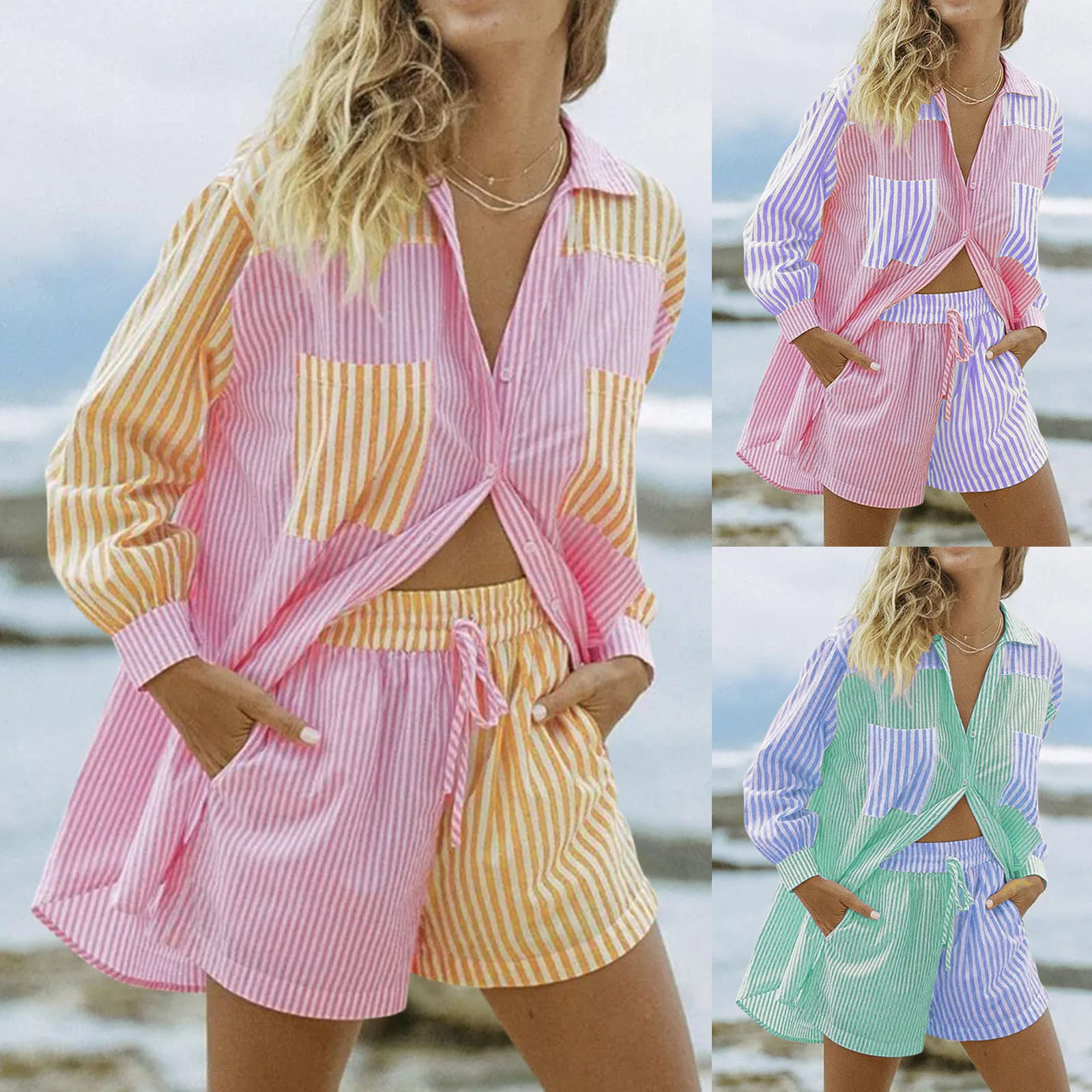 Clothing sets Matching Pocket Color Sleeved Shirt Lapel Striped Suit Long Short Womens Shorts 250206