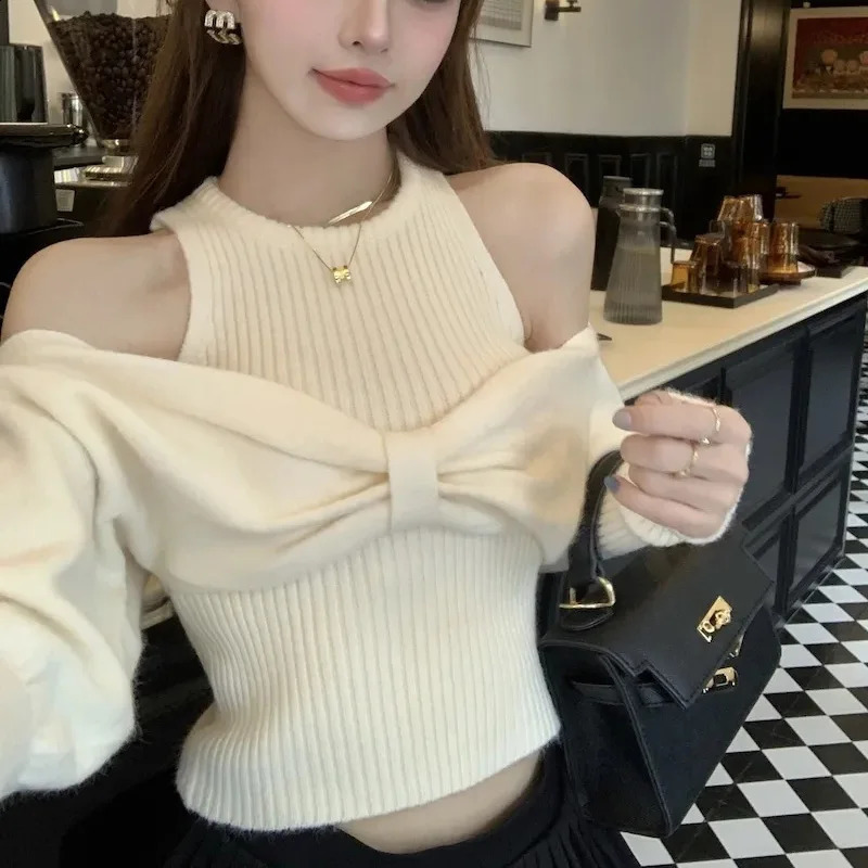 Sexy Off Shoulder Sweater Women Christmas Elegant Manners Bow Solid Two Piece Knit Jumpers Chic Vest Office Lady Tops 250121