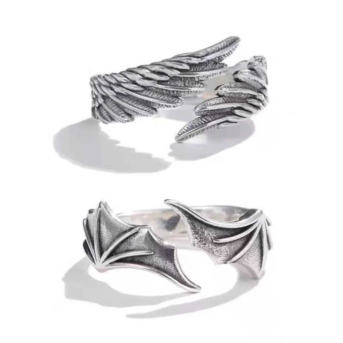 Retro Angel Wings Devil Eyes Hip Hop Adjustable Couple Ring Mens Retro Silver Alloy Material Cool Fashion Jewelry New W250207