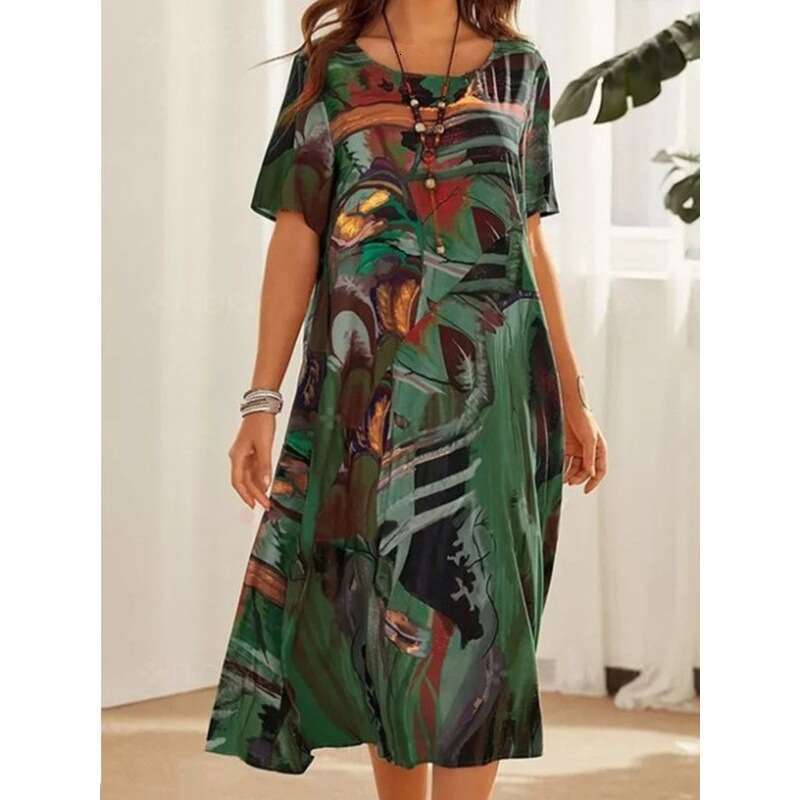 European and American printed dress summer short sleeved loose round neck wide skirt 2024 new casual fashion trend clothing