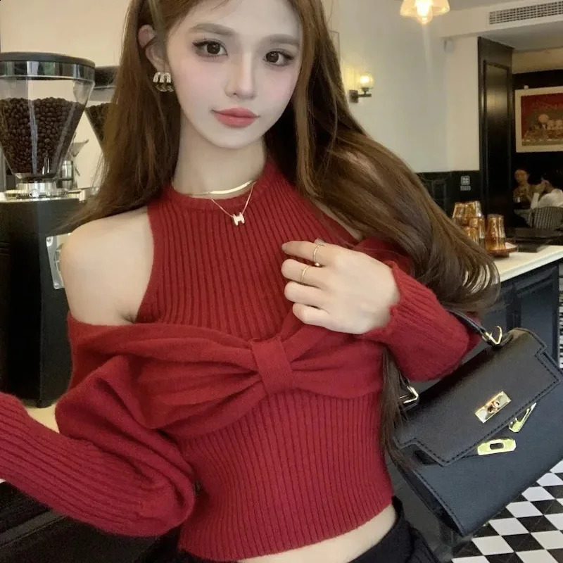 Sexy Off Shoulder Sweater Women Christmas Elegant Manners Bow Solid Two Piece Knit Jumpers Chic Vest Office Lady Tops 250121