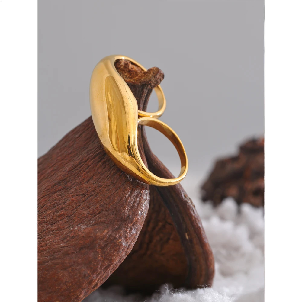 Yhpup 2024 Stainless Steel Metal Double Finger Geometric Ring Personality Rust Proof Attractive Big Exaggerated Jewelry Gift 250206