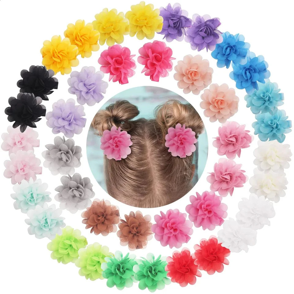 14/40PCS 2 Chiffon Flower Hair Bows Fully Lined Flower Tiny Hair Clips Fine Hair Girls for Infants Toddlers Set of 20 Pairs 250120