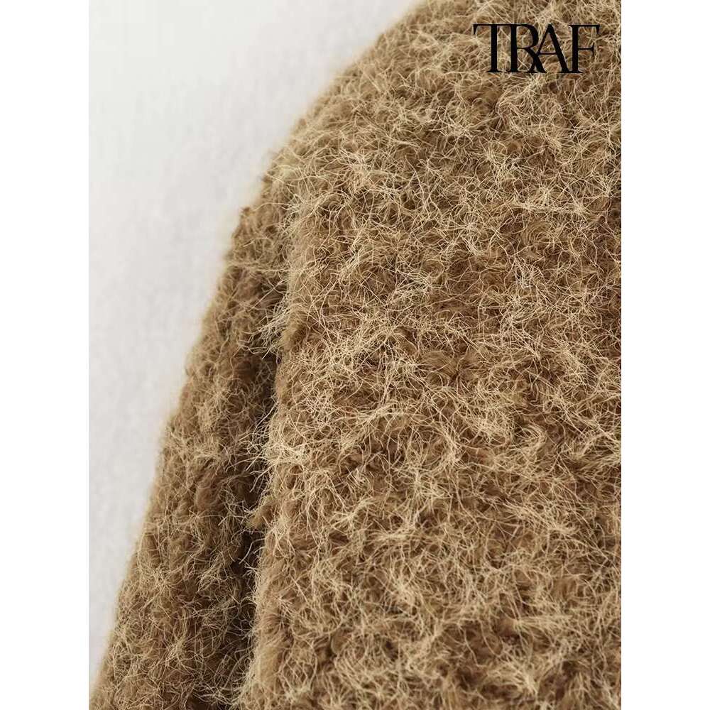 Bow Tie Design Solid Colour Fashion Retro V-Neck Small Cardigan Woolen Jacket Elegant Women's Clothing