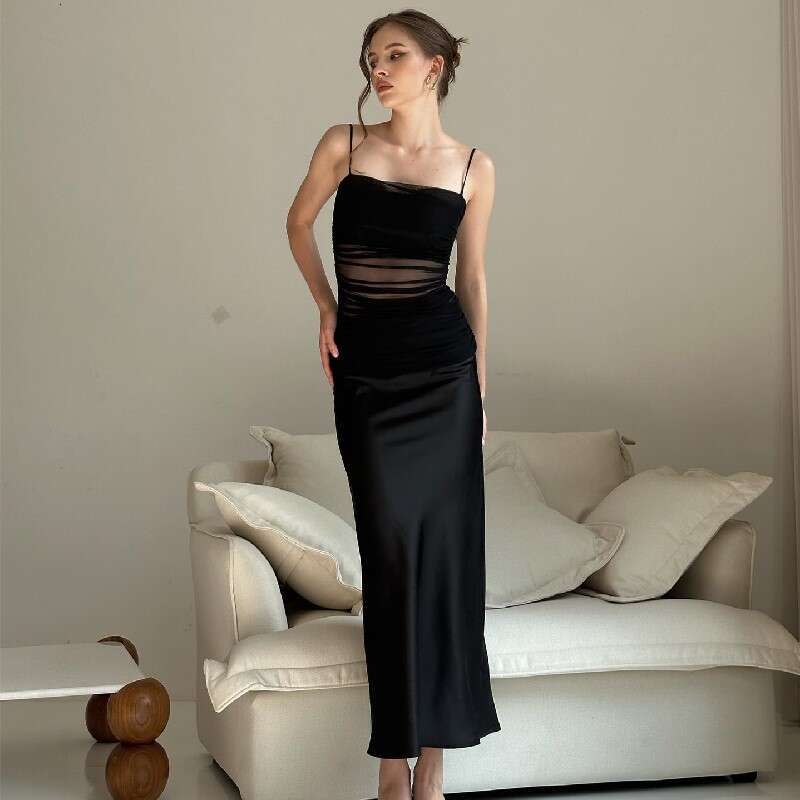 European American 2025 light mature style mesh, see through high waisted slit, slim fit strapless suspender, jumpsuit, long skirt, women's new st