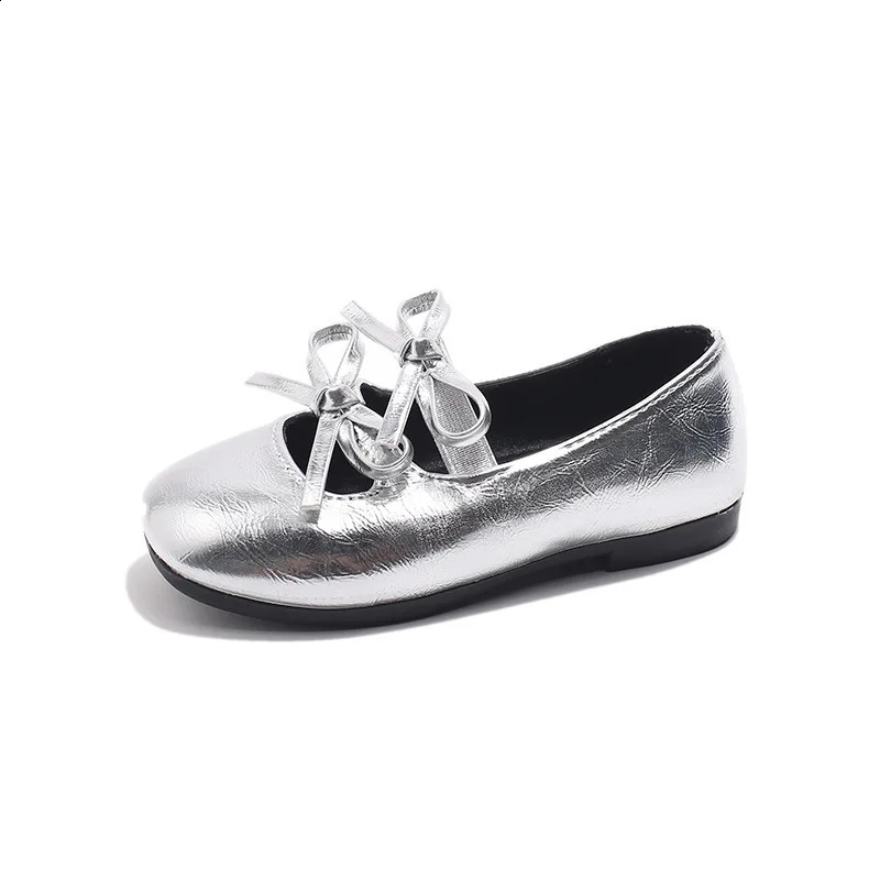 Princess Shoes for Girls Fashion Double Bowknot Chic Children Mary Jane Shoes Gold Sliver Square Toe Elegant Kids Flats 250206