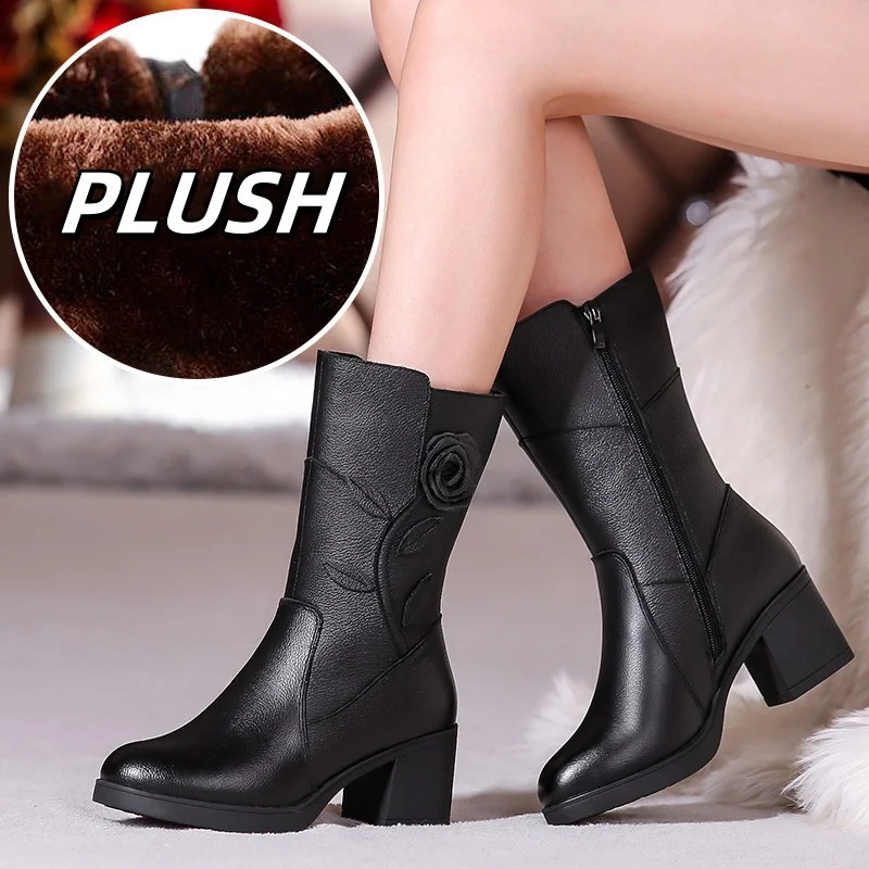 WOIZGIC Womens Female Ladies Mother Genuine Leather Mid Calf Boots Shoes Warm Fur Plush Winter Zipper Flower Commute NonSlip 250118