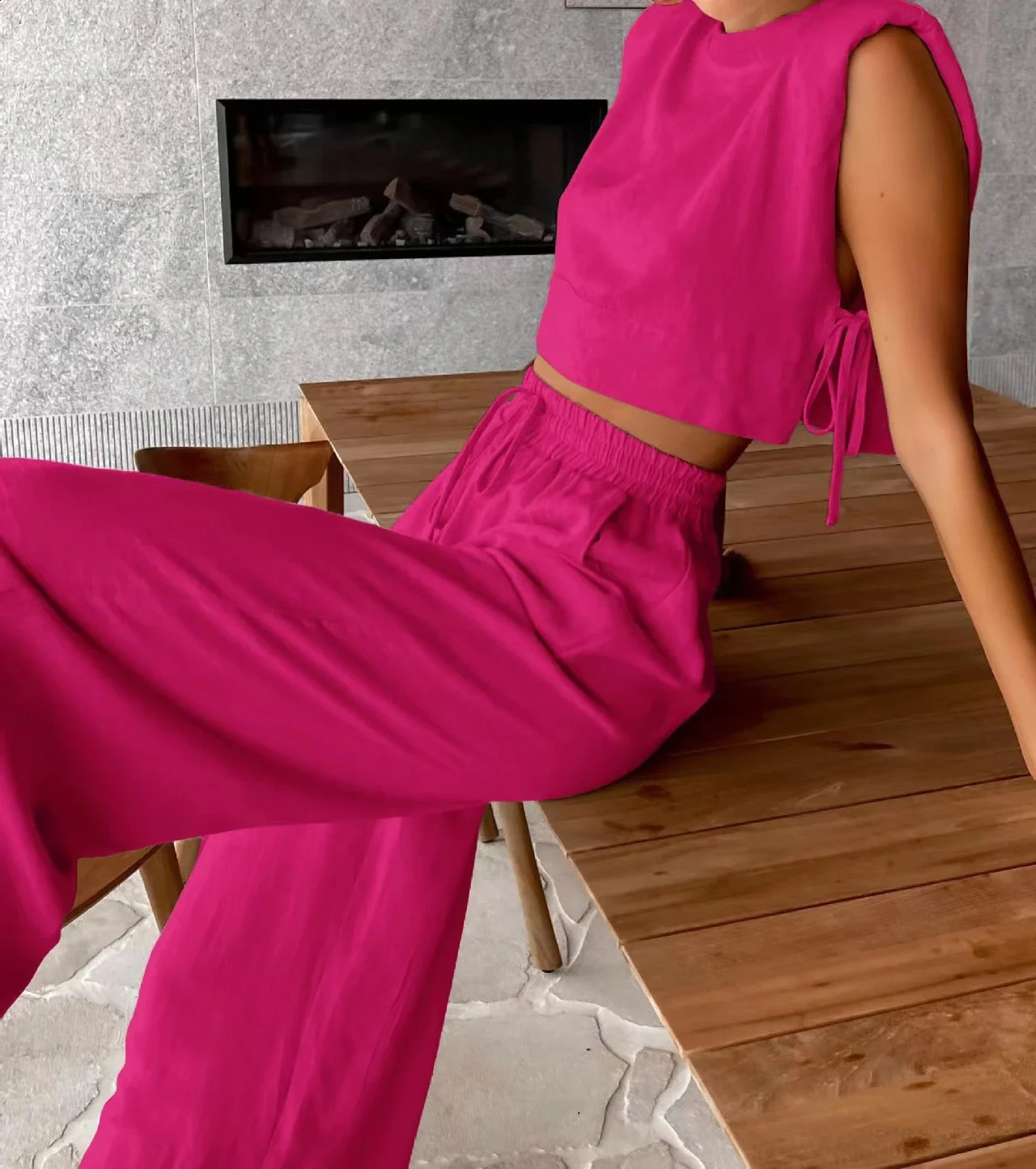 Fashion 2 Piece Sets Women Outfits Shoulder Pad Sleeveless Top Pants Sets Casual Cotton and Linen Womens Suit 2024 Summer 250107