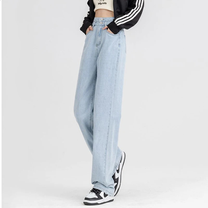 Woman Chic Double Buckle High Waist Jeans Girls Harajuku Wide Leg Casual Pants Female Korean Fashion Straight Denim Trousers 250206