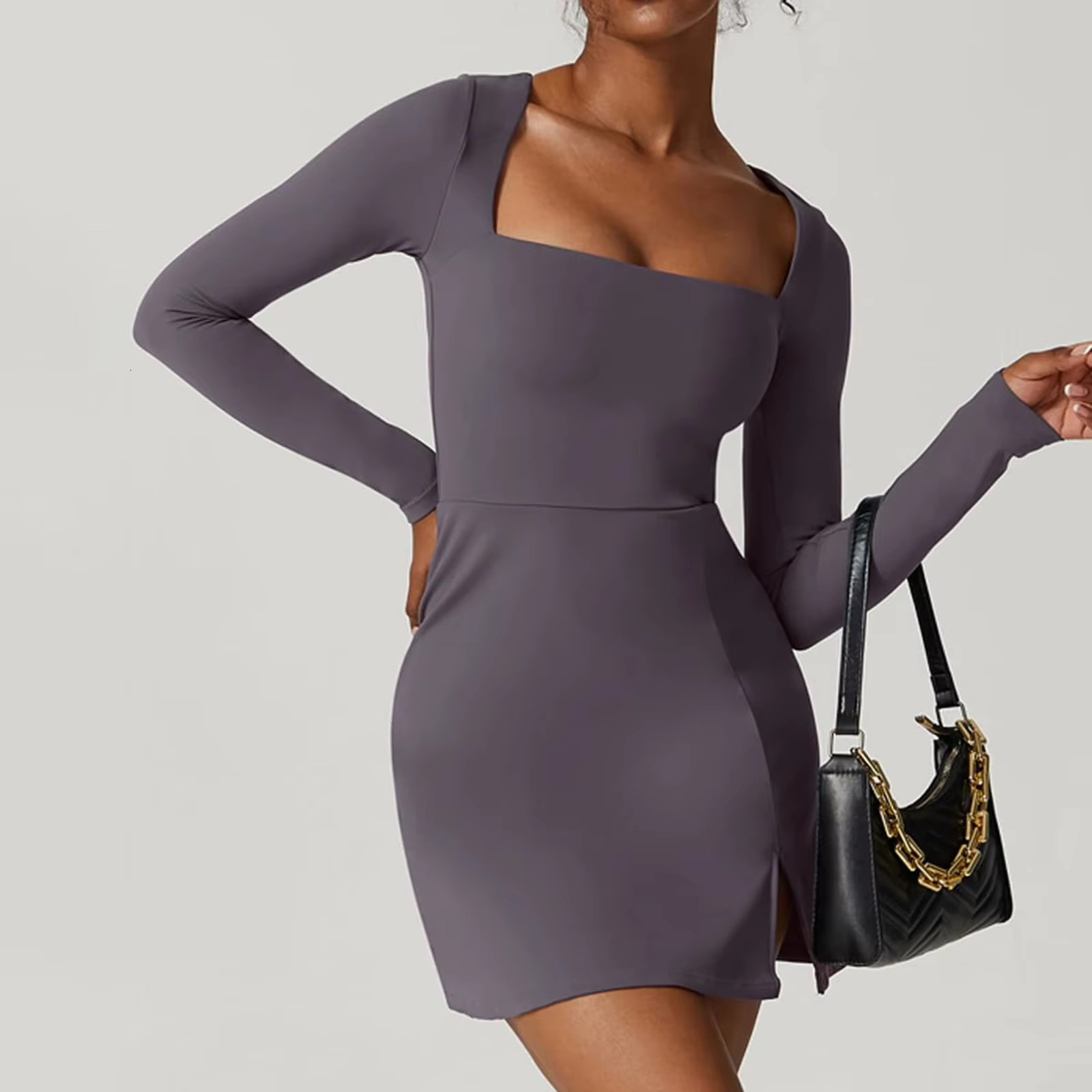 Combhasaki Women Spring Summer Solid Color Casual Basic Long Sleeve Square Neck High Split Hem Party Short Mini A-E Dress