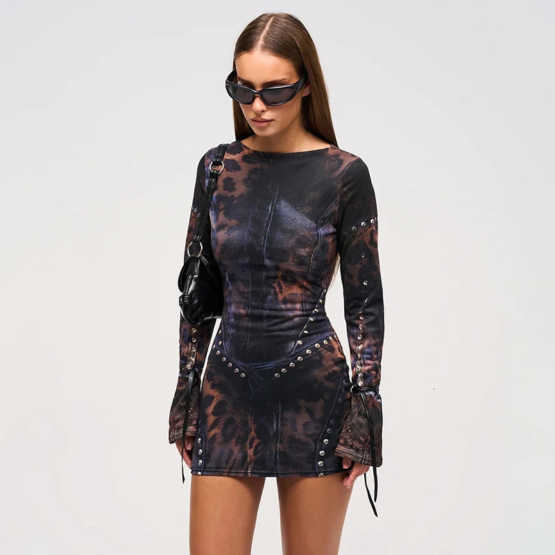 CUTENOVA 2024 Autumn And Winter Womens Fashion Leopard Print Slim Flared LongSleeved Package Hip Short Skirt Dresses Y2K 250206