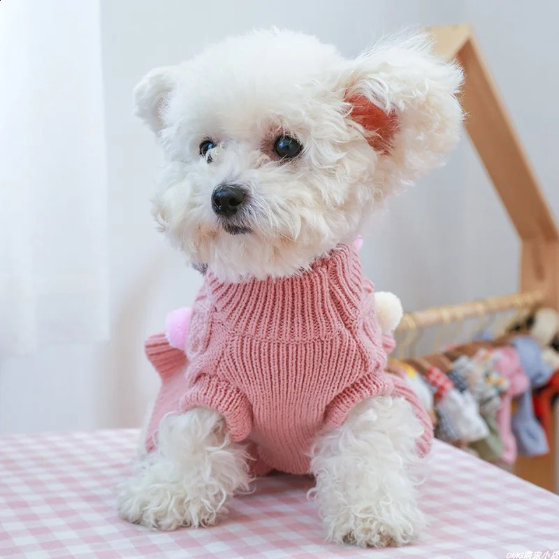 1PC Pet Apparel Dog Autumn and Winter Thickened Warm Pink Coffee Ball Knit Pullover Sweater Dress For Small Medium Dogs 250206