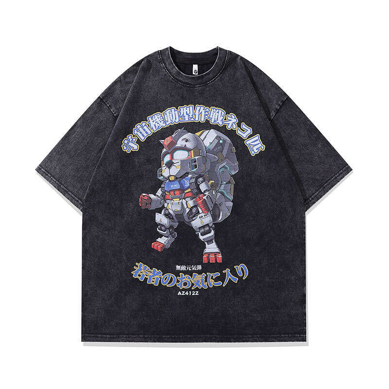 TKPA Harajuku Cartoon Anime Character Washed Old Short T-shirt for Men and Women Hip Hop Fashion Brand Half sleeved Tee Shirt