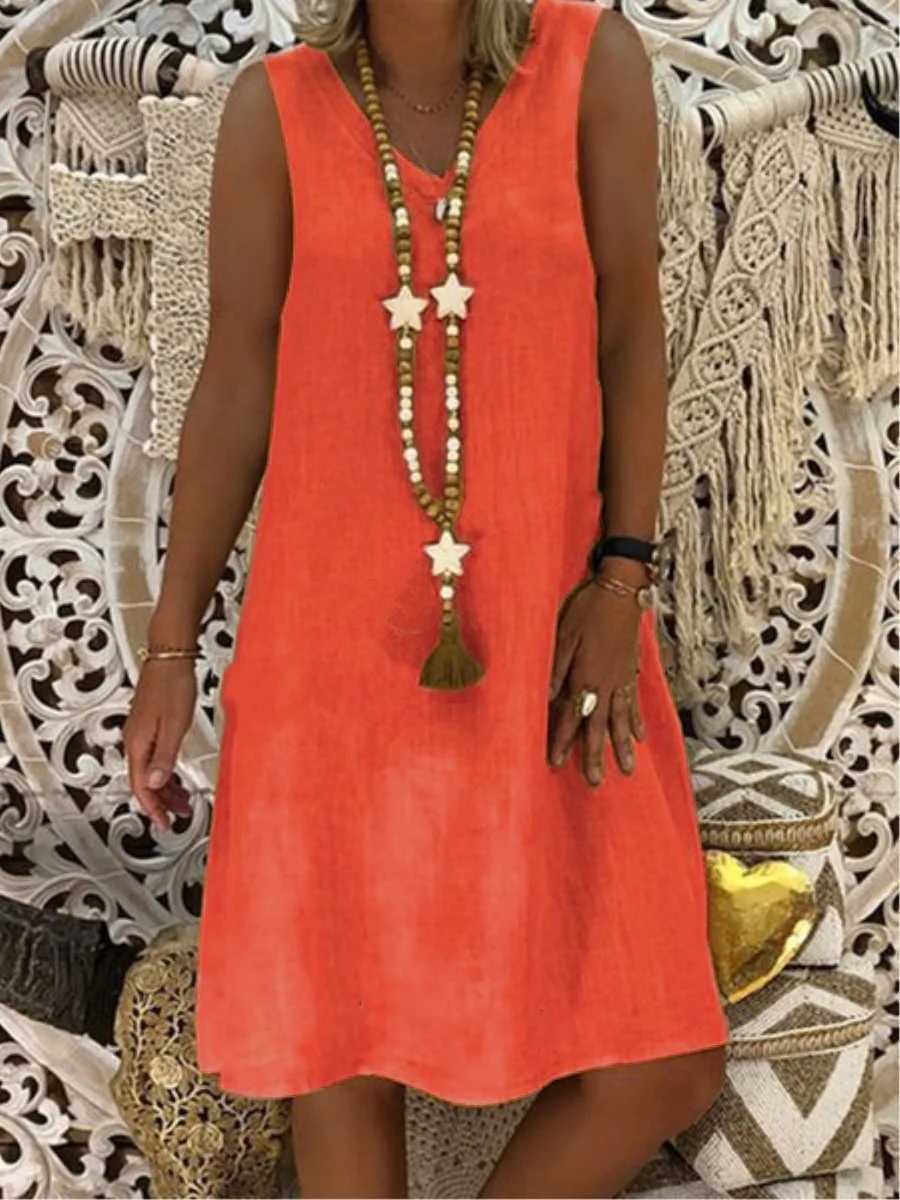 Summer Womens Fashionable Yellow V-neck Sveless Vest Vestidos 2024 Womens Casual Cotton Linen Patchwork Loose Mini DressXJ2500207