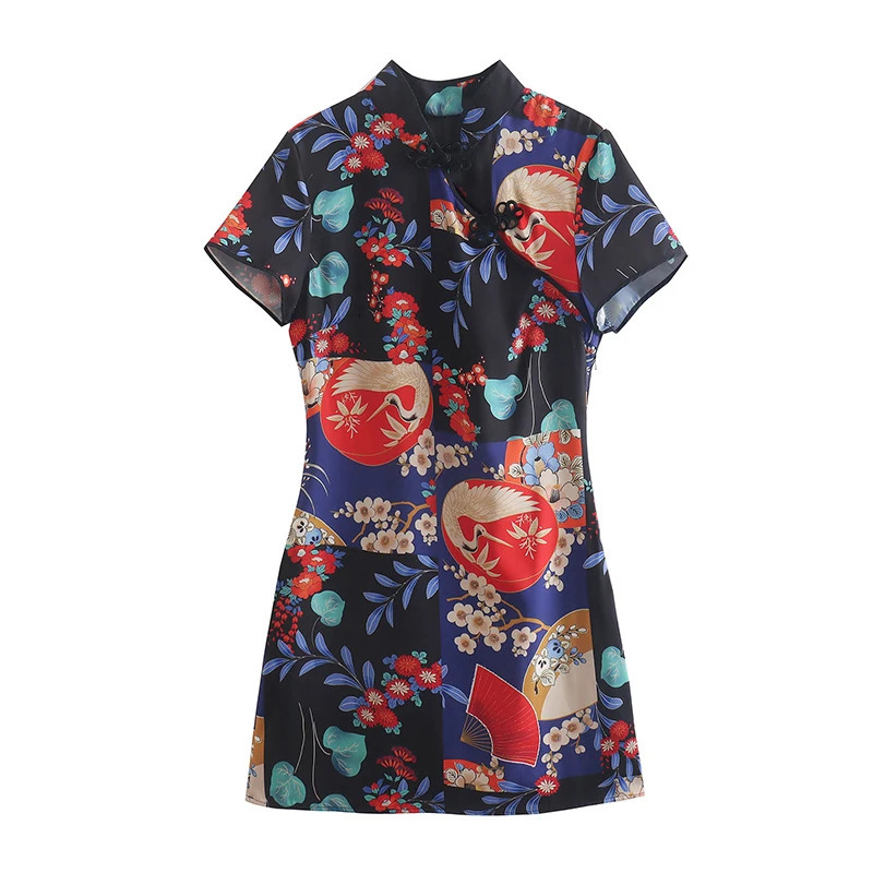 SIYANG Retro Printed Knot Chinese Dress Elegant Womens Short Sleeve Mini Unique 250206
