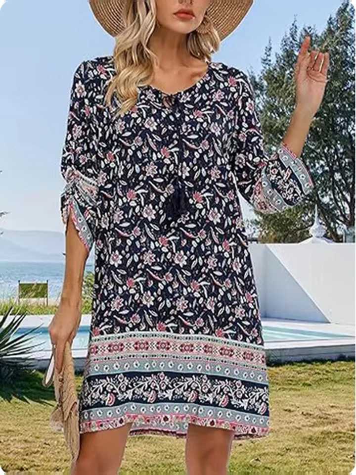 7 Colors Vintage Printed Dress Womens Round Neck Mid Sve Dresses Summer High Street Vacation Mini Dress RobeXJ2500207