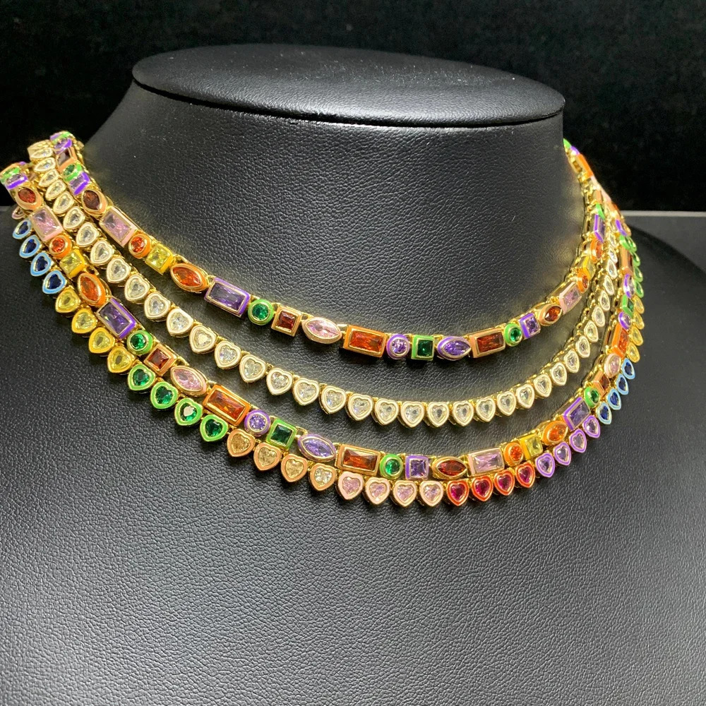 Geometric 5A CZ Rainbow Colorful Enamel Tennis Chain Bracelet Necklace Round Square Eye Rectangle Shape Women Jewelry 250120