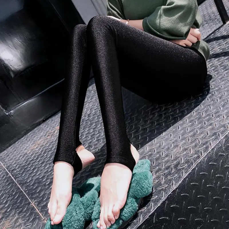 Autumn Winter Thick Leggings Fashion Solid Slim Pants Lady fleece Warm Casual Black Shiny High Waist 250206