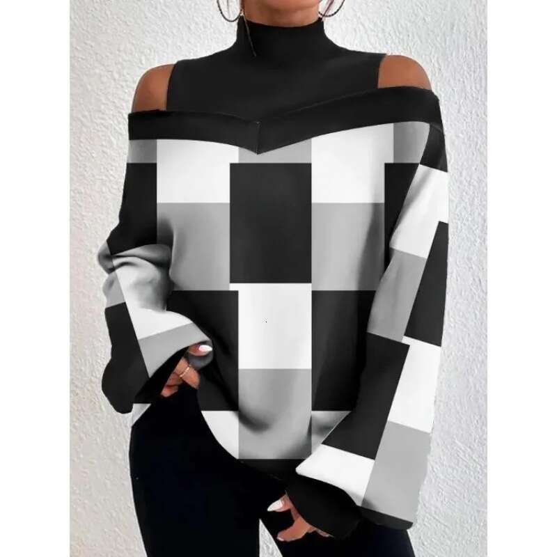 Spring Fall Shoulder Design Women's Lantern Sleeve Printed Top 2024 New Casual Versatile Fashion Clothing