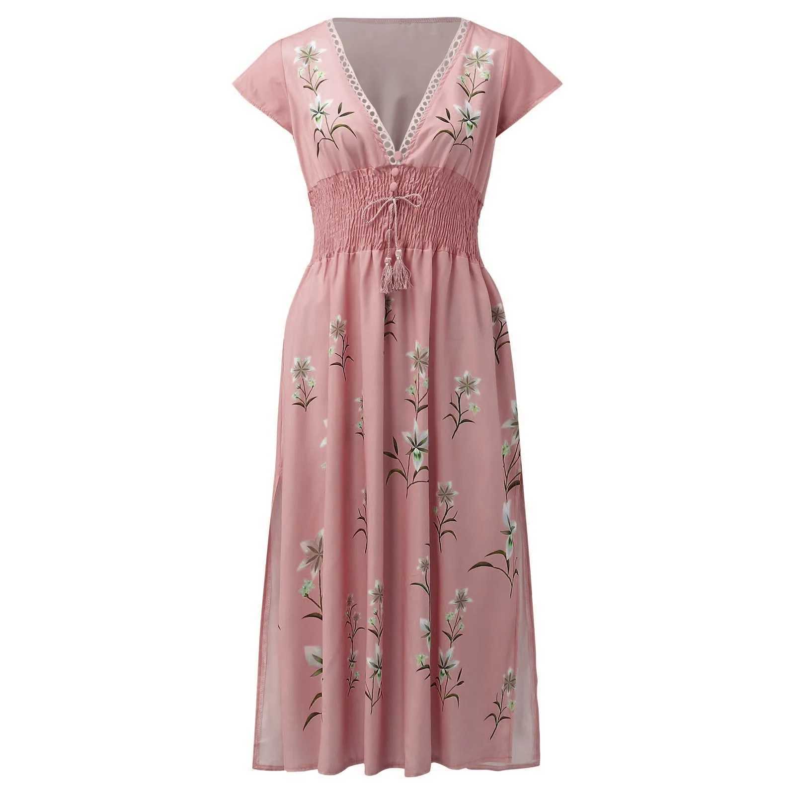 Beach Boho Dress Women Ruffled V-Neck Floral Vintage High Waist A-Line Long Dress Sveless Lace Up Jacquard Maxi SundressXJ2500207