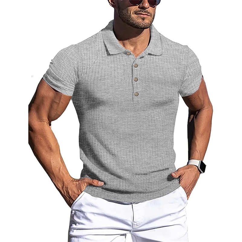 Summer Polo Men Solid Stripe Fitness Elasticity Short Sleeve Polo Shirts for Men Fashion Stand Collar Mens Shirts 250206