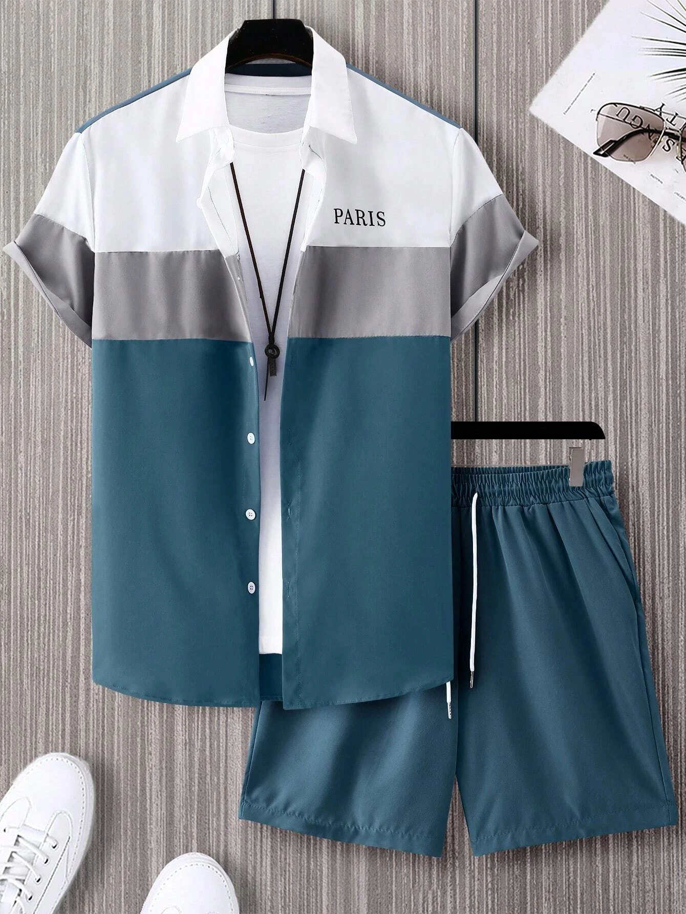 Mens Fashion Set Blue and White Patched Work Color Single breasted Short Sleeve Collar Shirt y2k Two Piece 250207