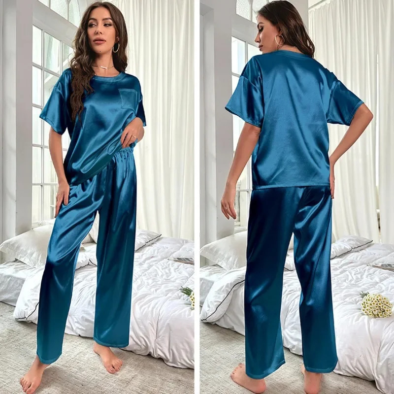 Womens Satin Pajamas Set Autumn Short Sleeve Top Long Pants Sleepwear 2 Piece Set For Women Casual Home Loose Pajamas Set 250207