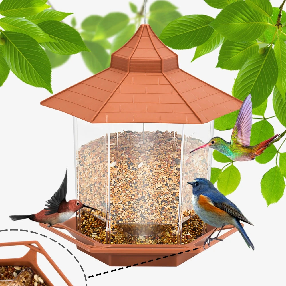 Automatic bird feeder Hanging food feeding tool gazebo outdoor bird feeder Perforated nut feeding hut bird food container 250207