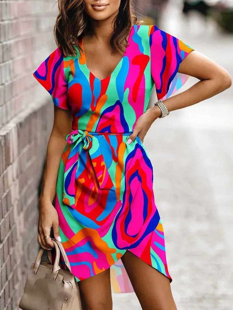 Summer V Neck Print Dresses For Women Ele Office Ladies Dress Fashion Short Sve Casual Boho Beach Party Dress Robe FemmeXJ2500207