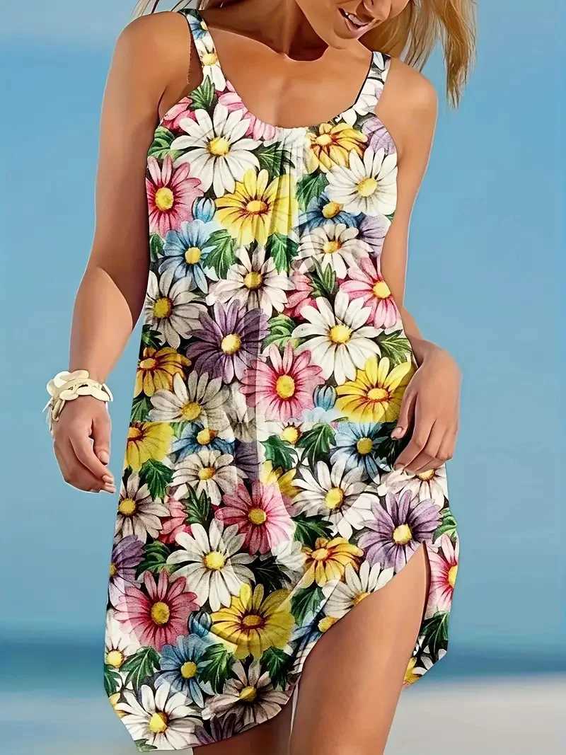 Simple And Fresh Daisy Flower Print Pattern Sveless Vest Dress Summer European And American Style Sveless Suspender SkirtXJ2500207