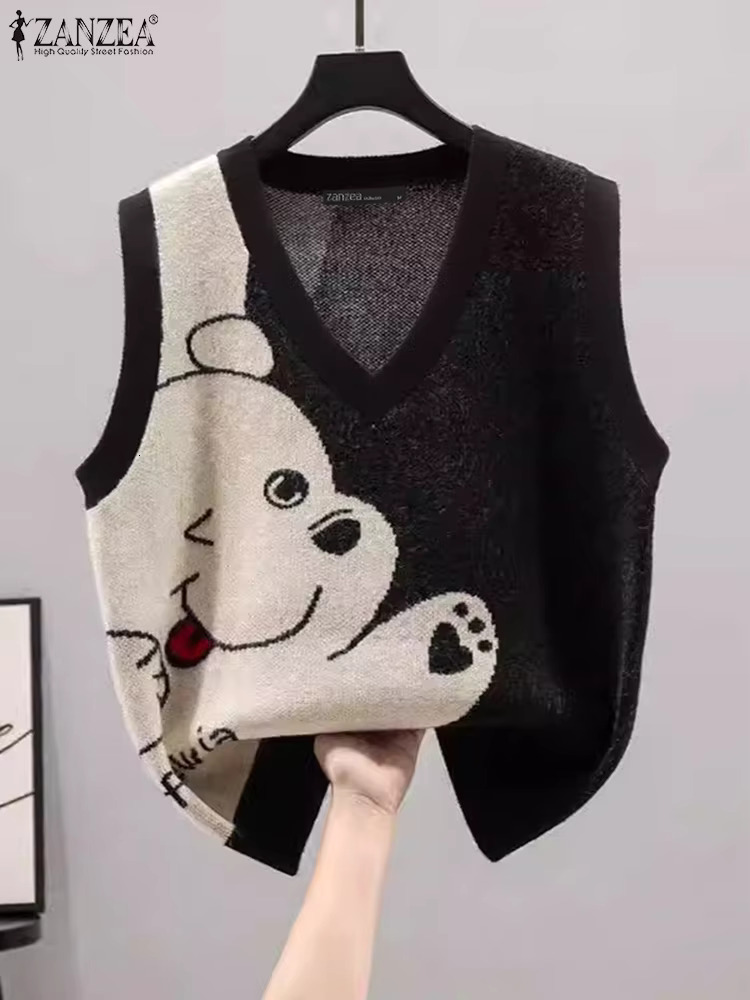 ZANZEA Spring Autumn Simple Tunics Vintage Cartoon Printed Vests Holiday V-Neck Knitted Outfits Women Sleeveless Cute Tank Tops