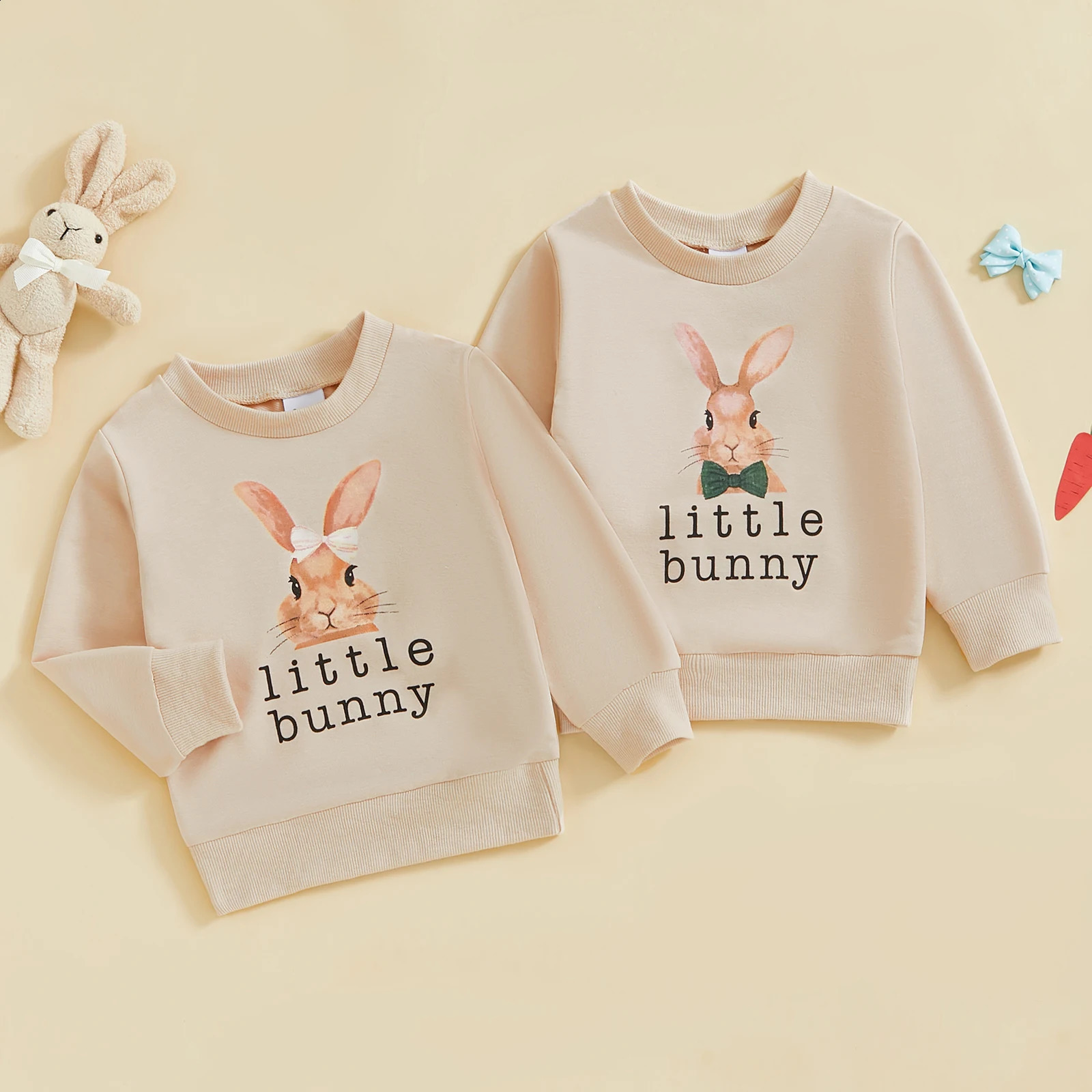 FOCUSNORM 05Y Little Kids Girls Boys Easter Sweatshirts T Shirts Letter Rabbit Print Crew Neck Long Sleeve Pullovers Spring Top 250117