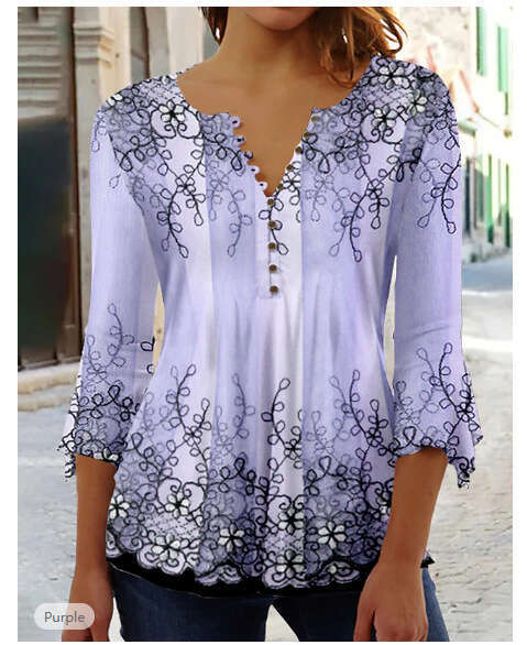 European and American summer fashion Ruili ral print V-neck seven quarter sleeve T-shirt 2024 temperament versatile new trendy clothing ins